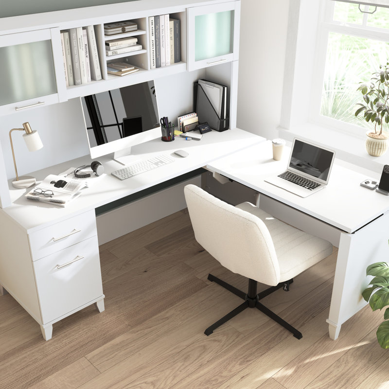 Paelynn 72” L-Shaped Sit to Stand Desk with Hutch, Adjustable Height, Storage, Modern Wood, White, White