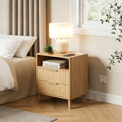 Table de chevet 2 tiroirs avec station de charge intégrée et tablette ouverte, table d'appoint de chambre à coucher