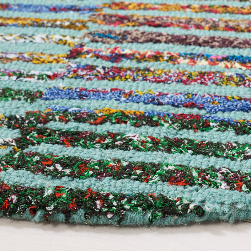 Tapis vert / bleu sarcelle en laine / coton touffeté à la main à motif géométrique Nantucket, Rond 4 pi