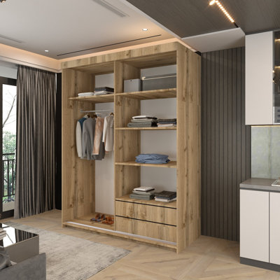 Modern Double Sliding Door Wardrobe in /Grey/Oak/White