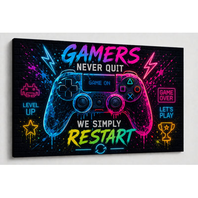 Large Gamers Never Quit We Simply Restart Wall Art Motivational Gaming Quote Canvas Print Retro Controller Poster for Game Room 24x36 Inch Ready to Hang