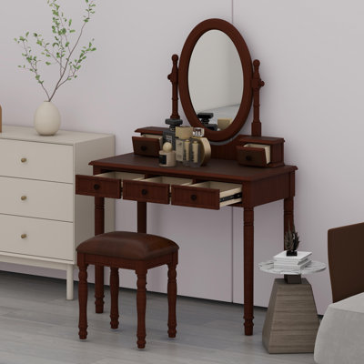 Ensemble de coiffeuse vintage avec miroir réglable, tabouret rembourré et tiroirs doublés de tissu