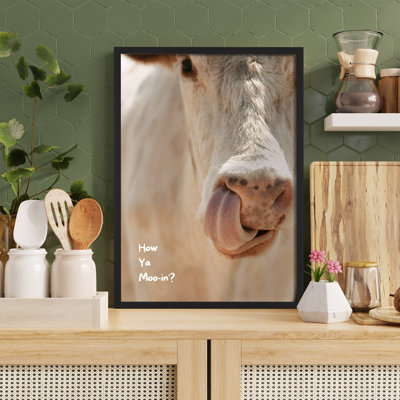 Z Studio Funny Mooing Cow Wall Art Quirky Fun Talking Animal Poster Cute Animal Wall Decor Art Print For Kids Room, Amusing Dorm Room Decor, 12x16 inch, BLACK FRAMED