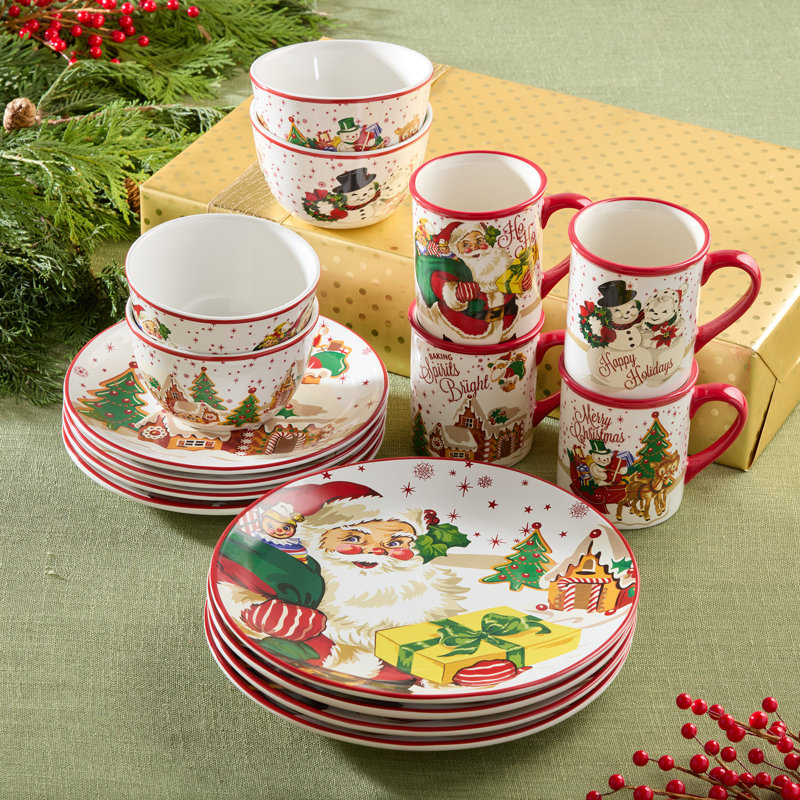 Ensemble de vaisselle de Noël rétro du Père Noël - assiettes, bols et tasses des fêtes avec art rétro du Père Noël, renne et bonhomme de neige, vaisselle festive pour les fêtes de Noël et décorations des Fêtes