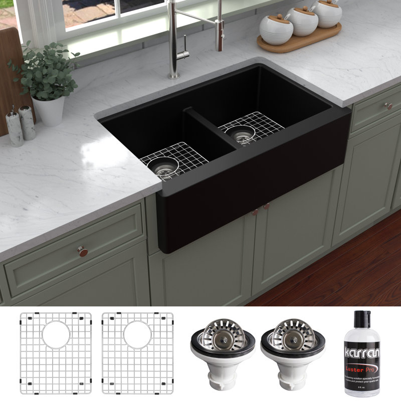 Karran Quartz 34'' X 21-1/4'' 50/50 Double Bowl Farmhouse/Apron Front Kitchen Sink Kit, Black