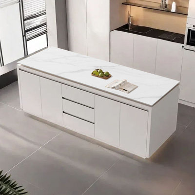 94.49-Inch Kitchen Island with Marble Countertop and Spacious Storage