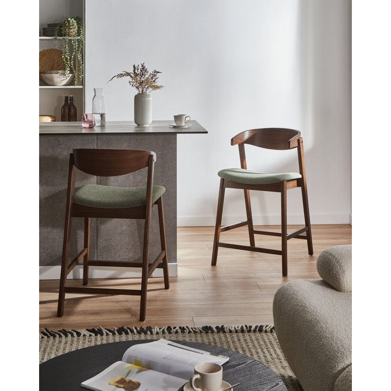 Upholstered Bar Stool with Solid Wood Frame, Green / Brown