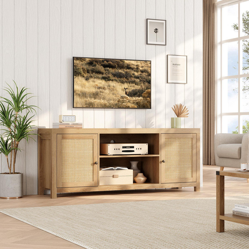 Meuble télé en rotin de 147 cm (58 po), console multimédia de style campagnard avec étagères réglables, meuble de rangement en bois pour salon ou chambre.