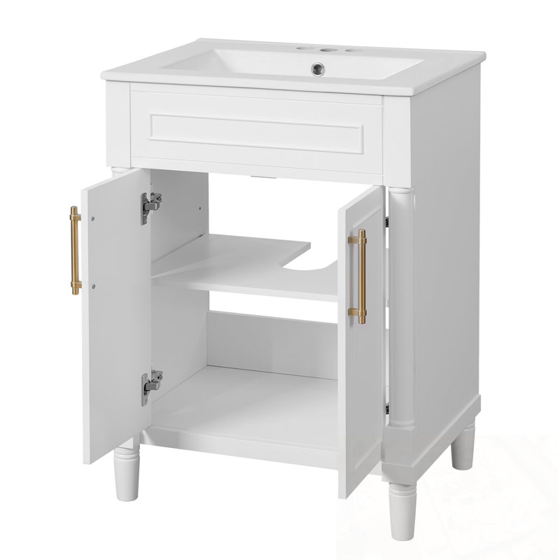 Bathroom Vanity with Ceramic Sink, 2 Doors and Adjustable Shelf, Blanc