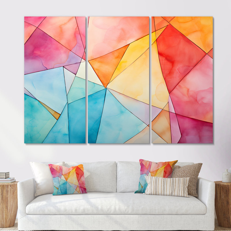 «Pastel Color Geometric Ink Explosion I», art mural géométrique, Toile tendue, H 32 po x l 48 po x P 1 po