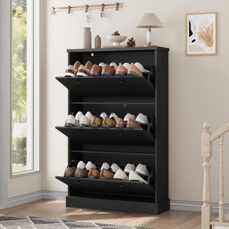 Modern Narrow Wave Shoe Cabinet with 3 Flip Drawers – Adjustable Shelves, Wooden Freestanding Organizer for Entryway, Living Room, Hallway (Black)