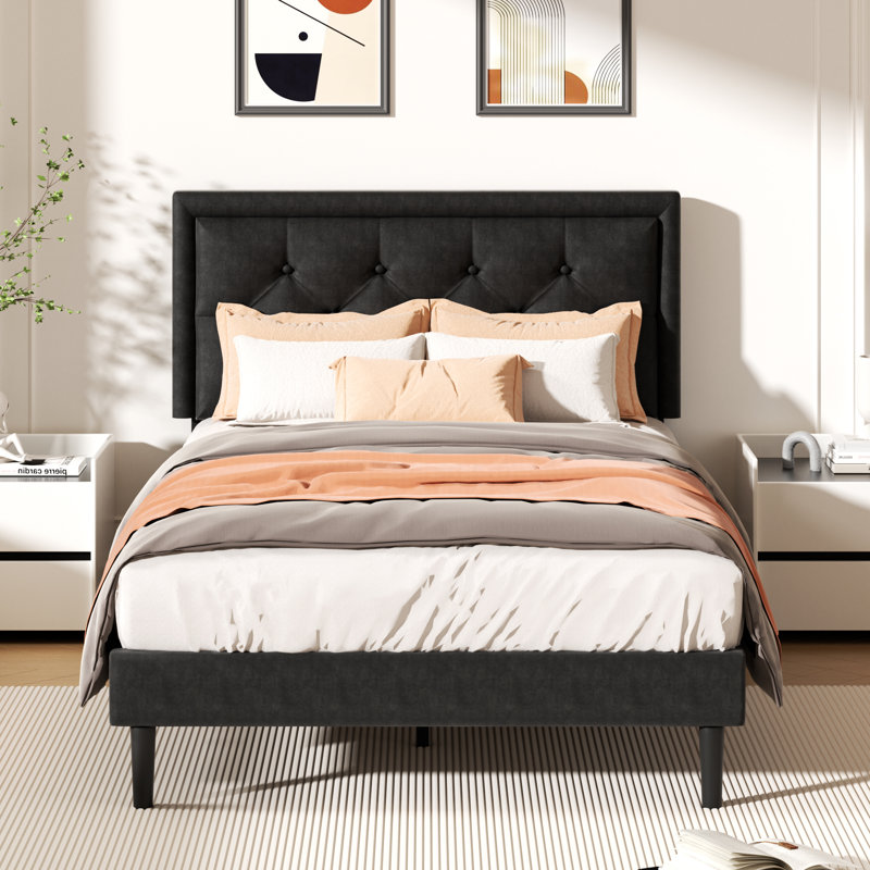 Mauriciu Platform Bed Frame with Button Tufted Headboard and Wooden Slats Support, Full, Black