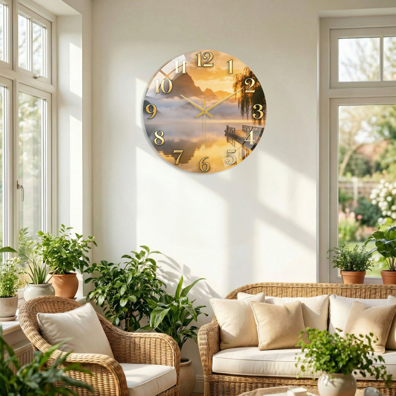 "Mountain Lake", horloge murale en verre, 60 x 60 cm (23,6 x 23,6 pouces)