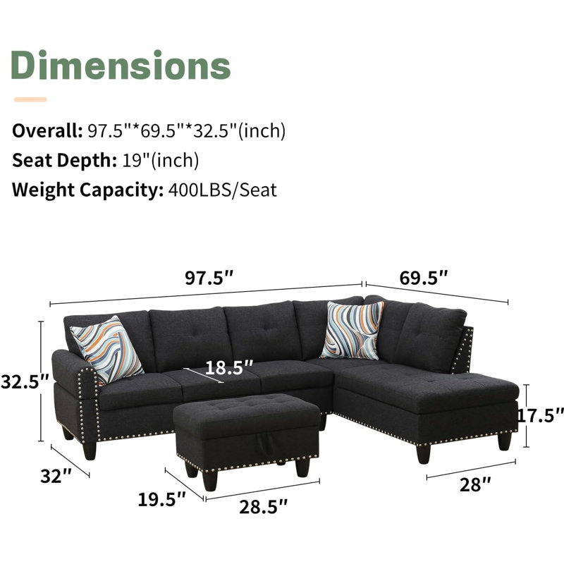 Canapé modulaire 3 pièces, Lin noir, Orienté à droite