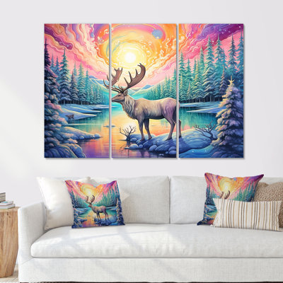 «Kawaii Color With Deer In Canada - Aurora Borealis», ensemble d'art sur toile