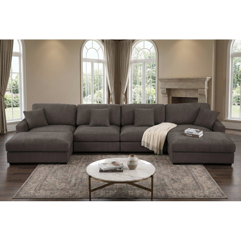 6 - Piece 168" U Shape Sectional Sofa Cloud Couch With Removable Ottomans, Dark Gray Chenille