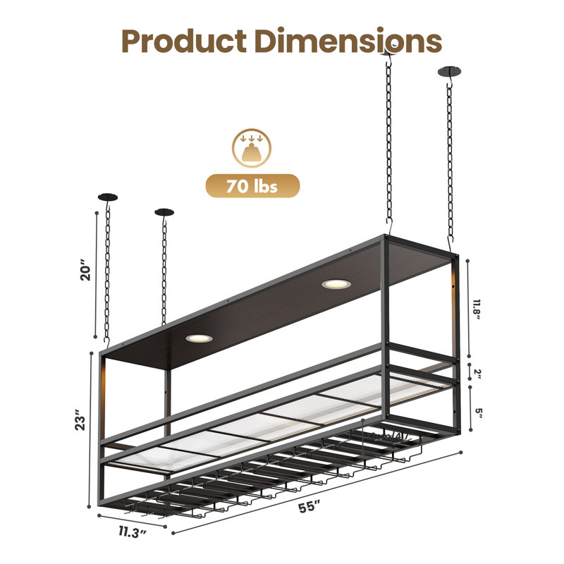 2-in-1 Hanging & Wall-Mounted Wine Rack with Glass Holders, 3-Tier Industrial Bar Shelves with LED Light, Metal Wine Bottle & Glass Rack with Fence Design for Home, Bar, Kitchen