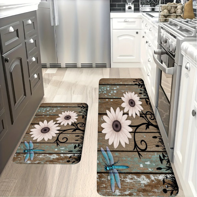 Marguerite blanche avec libellule, ensemble de 2 tapis de cuisine