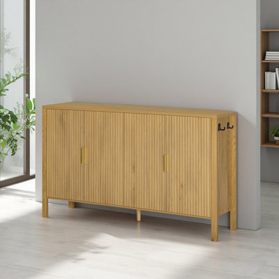 Modern 57.5" Stripe Door Storage Cabinet, 4-Door Sideboard With Back-Of-Door Storage Racks & Side Hooks, Adjustable Shelves, MDF Cabinet With Aluminum Handles For Living Room, Dining Room