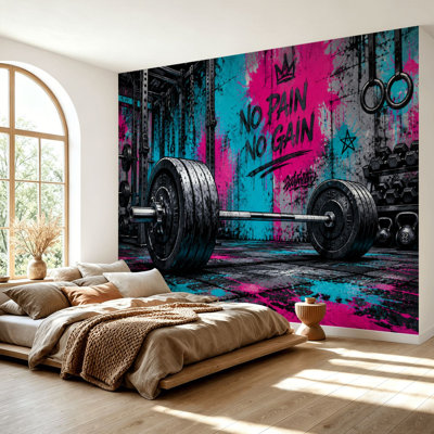 Papier peint adhésif peler et coller Barbell Haltérophile Gym Scène Neon Graffiti Couleurs Urban Fitness Papier autocollant amovible pour salle de séjour H 69 po x l 96 po