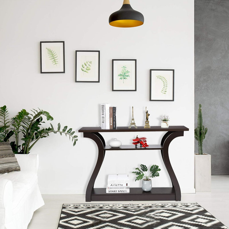 Wood Console Table With Curved Legs And Shelf, 3 Tier M...
