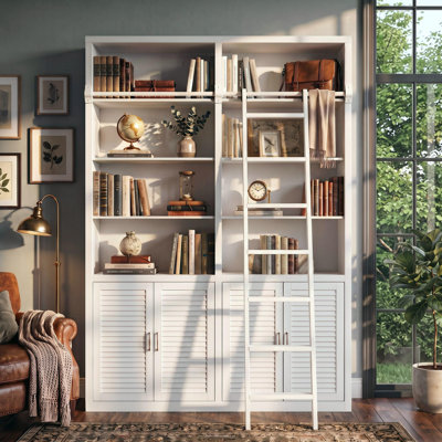 Darionte 61.4" W Bookcase With Rolling Library Ladder, Storage Cabinet With Louvred Doors & Hanging Rod, Anti-Tip Kit Included