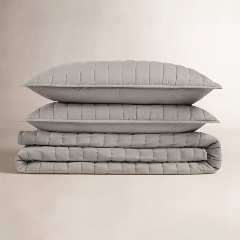 Brooklyn Loom Oversized Cotton Percale 3 Piece Quilt Set, Full/Queen Quilt + 2 Standard Shams, Gray