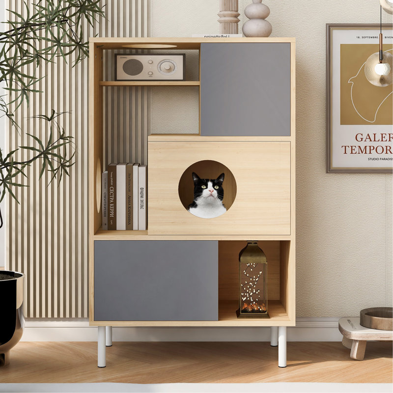 Arbre à chat moderne 2 en 1 et armoire d'appoint avec rangement, petite bibliothèque en bois avec bac à litière, armoire d'escalade pour chat avec rangement caché