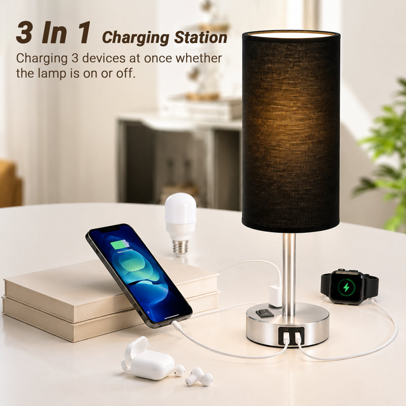 Lampe de table TButton Control, lampe de chevet à intensité variable à 3 voies avec USB-A, USB-C et prise de courant CA, abat-jour en tissu, ampoule incluse, noir, paquet de 1