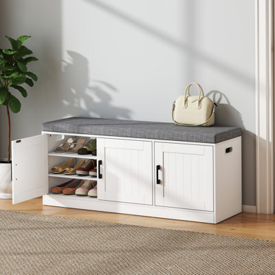 42.5" Modern Upholstered Shoe Storage Bench with 3 Doors & Adjustable Shelves, Entryway Hallway Bench with Washable Cushion for Bedroom and Foyer