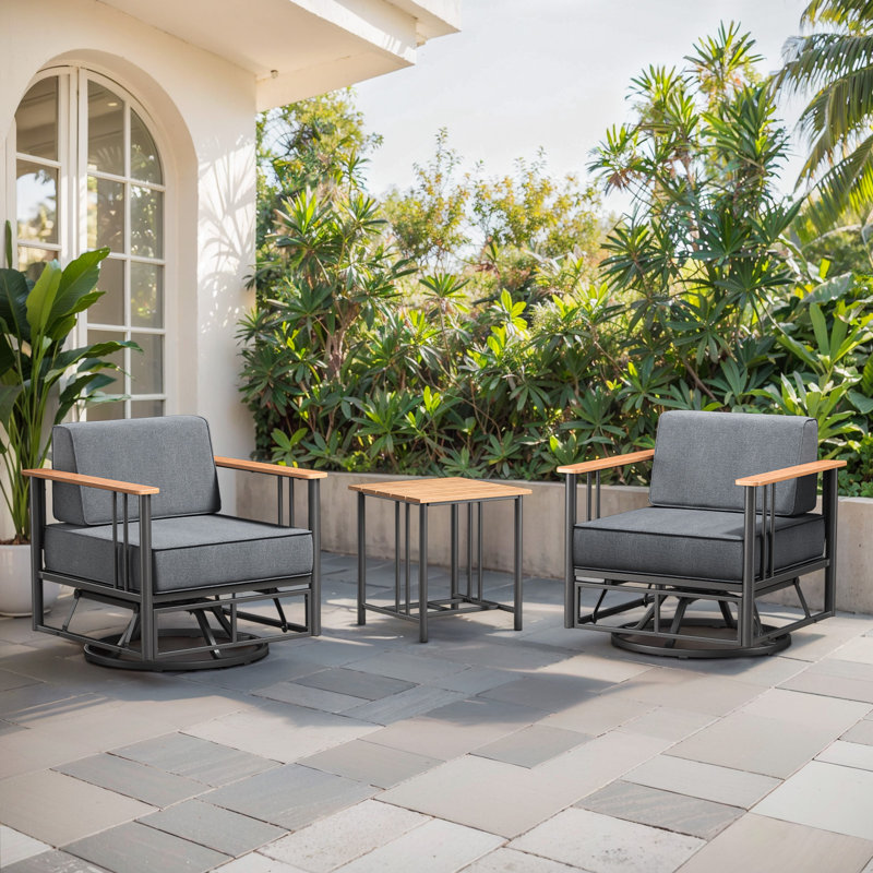 Coan Archlebov 3-Pieces Outdoor Powder Coated Steel Swivel Rocker Chair Set With 6" Thick Cushions And Side Table