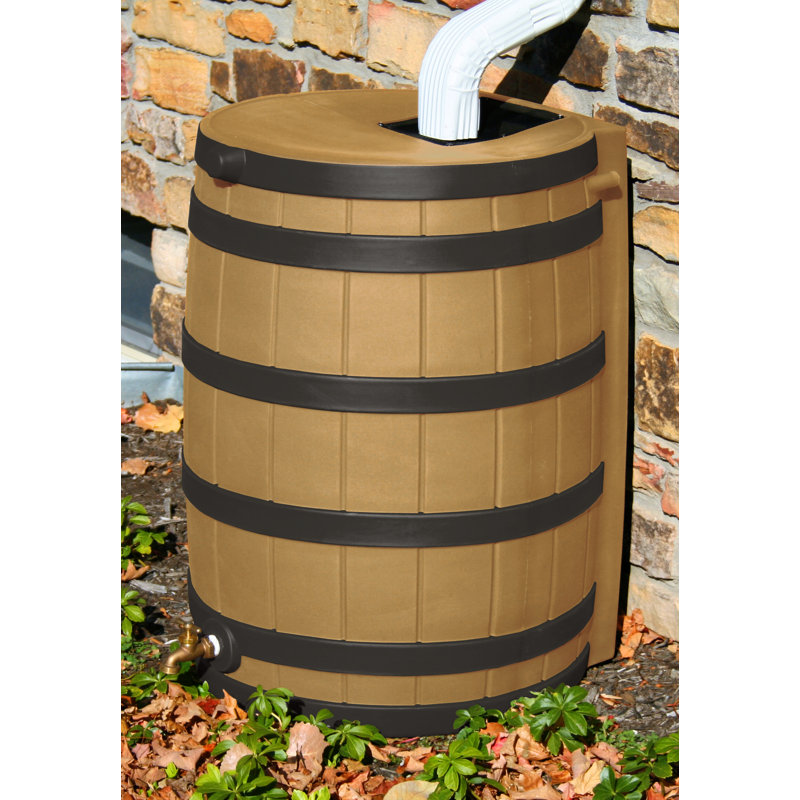 Good Ideas Rain Wizard Whiskey Style Rain Barrel with Overflow and Spigot, Khaki/Black, 30" H x 23" W x 22" D
