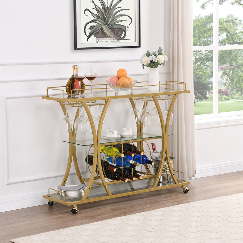 Kitchen Bar Cart With Wine Rack Tempered Glass Metal Frame Wine Storage, Gold