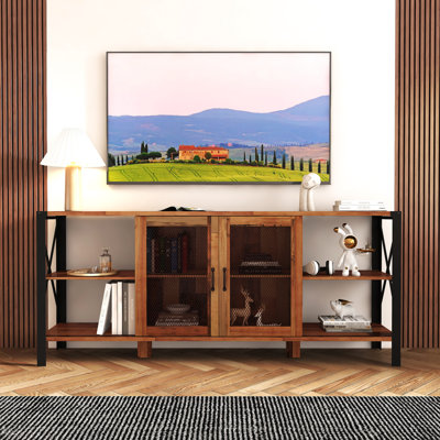 Meuble télé 80 pouces industriel - salon, métal et bois, spacieux et spacieux, style de chambre à coucher horizontale et moderne en noyer, pouces, et beaucoup de rangement, noyer