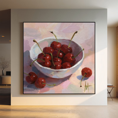 Très grande reproduction d'art sur tissu - Cerises rouges dans un bol blanc Nature morte, décoration murale pour le salon ou la chambre à coucher - «Assemblage requis du cadre (cadre non fini)»