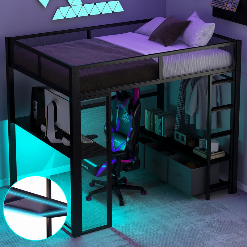 Lit mezzanine en métal avec DEL, bureau et 3 tiroirs de rangement