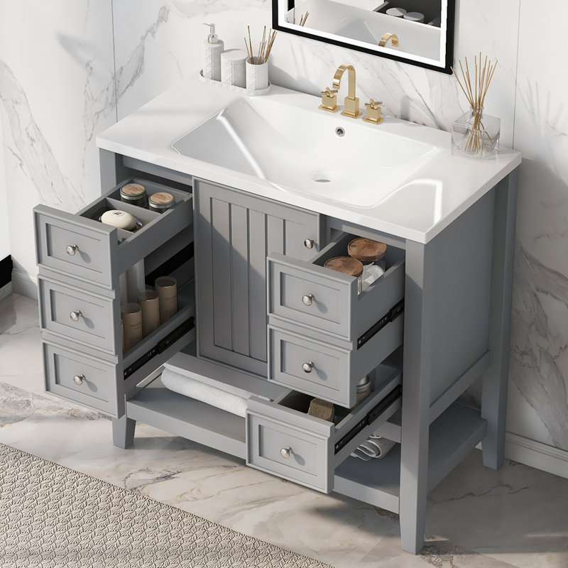 Ensemble de meuble-lavabo avec lavabo, une armoire et trois tiroirs, Gris