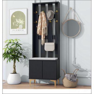 Modern Luxury 4-in-1 Hall Tree with Cushion, Versatile Coat Rack with 8 Gold Hooks and Legs, Entryway Bench with Adjustable Shelves by Everly Quinn