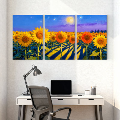 Abstrait champ de tournesols sous un ciel étoilé, ensemble de 3 impressions sur toile