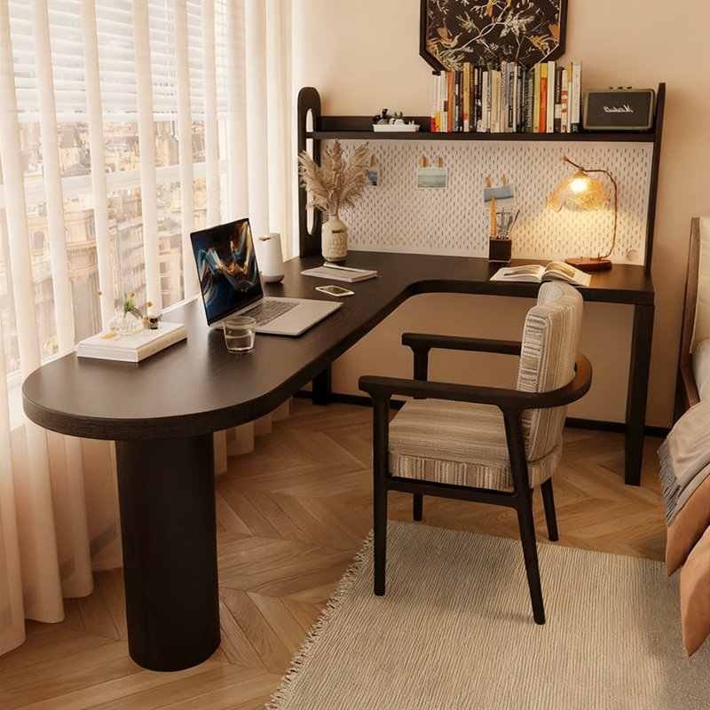 Bureau noir en bois massif en forme de L, Retour à droite, H 29,53 po x l 70,87 po x P 39,37 po