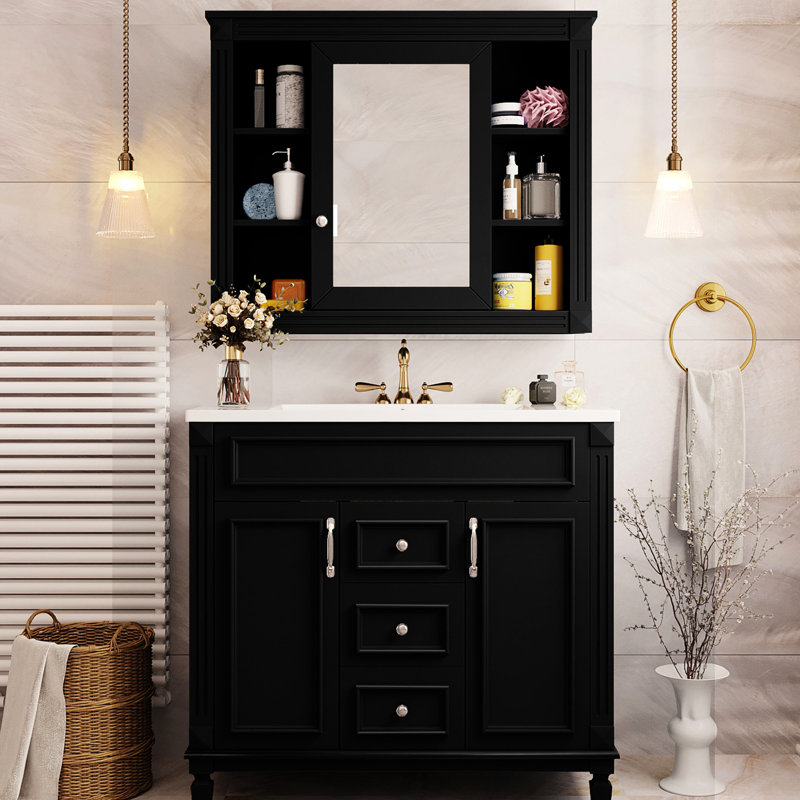 Meuble-lavabo de 36 po avec lavabo, style miroir noir, 2 portes et tiroirs, meuble-lavabo contemporain avec rangement luxueux, finition, tiroirs et portes, spacieux