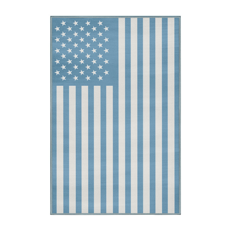 Machine Washable Midtown July 4Th Modern & Contemporary Abstract Rug in Blue – SkyBlue Binding, 6x9