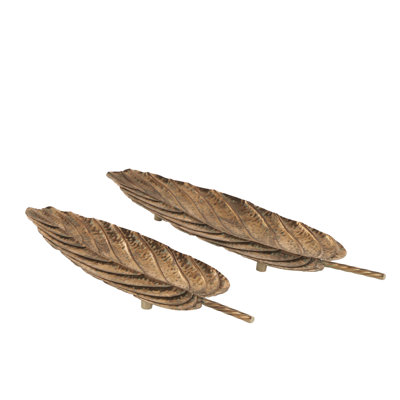 Pellenberg Metal Textured Leaf Decor Copper Tray with Patina Accents and Elevated Feet Set