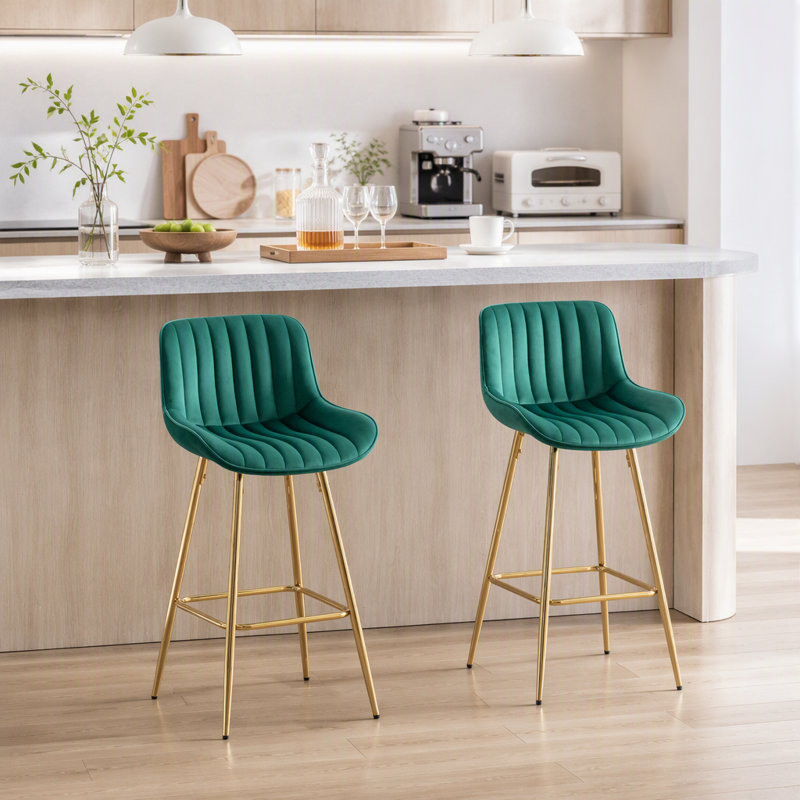 Ensemble de 2 tabourets de comptoir en velours avec repose-pieds chromé, Vert