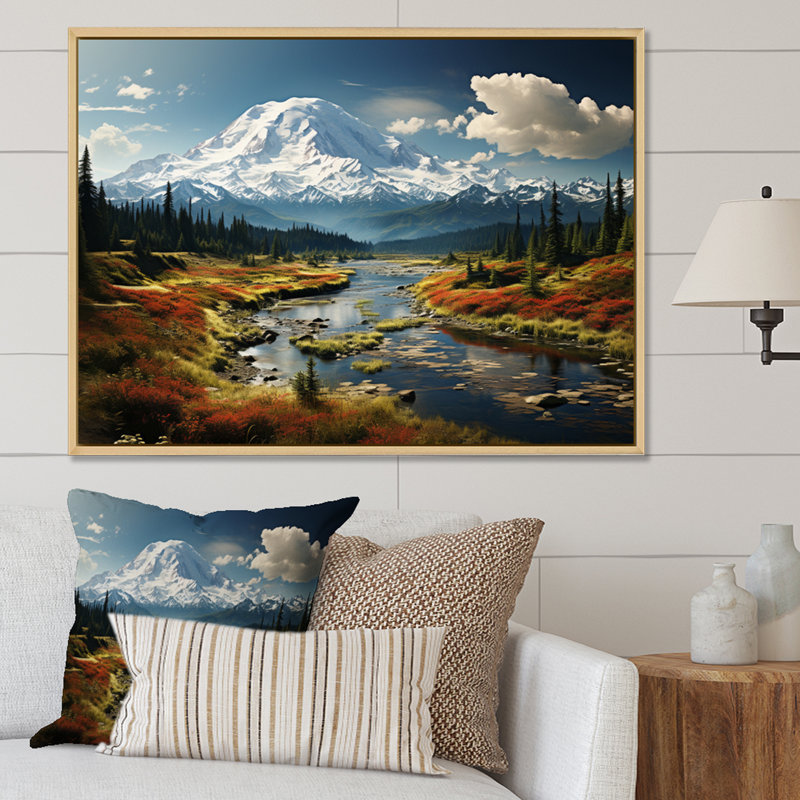Art mural américain «Mount Rainier» - États-Unis, H 16 po x l 32 po x P 1 po, Cadre naturel flottant