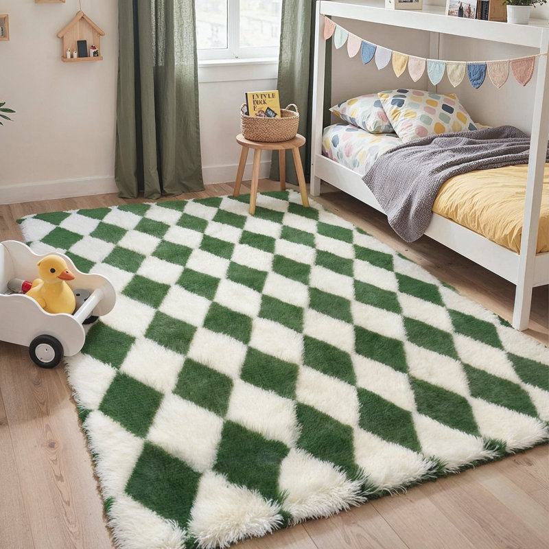 Plaid Machine Printed Area Rug, Green/White, Rectangle 180 x 270 cm