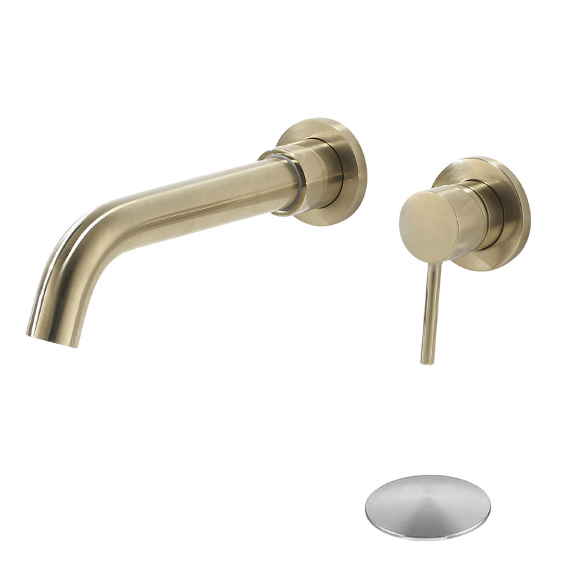 Robinet de lavabo de salle de bain mural en or brossé - Bonde escamotable, levier simple pour un débit d'eau optimal, aérateur réducteur de bruit, nickel en laiton avec poignée, réglage de la température simple, éclaboussures