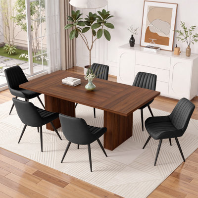 Fecteau Modern Farmhouse 7-Piece Rectangular Dining Table Set With 6 Soft Padded Upholstered Chairs, Wood Kitchen Dining Table Furniture