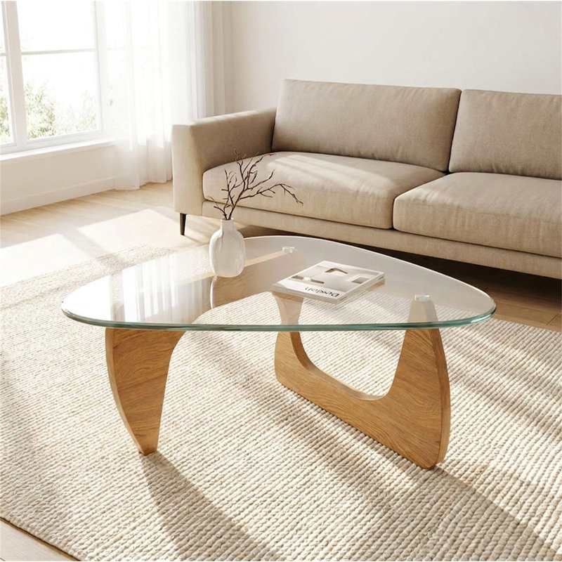 Table basse en verre trempé avec pieds en chêne massif, Brown+Clear glass