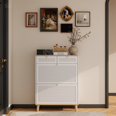 Armoire à chaussures étroite avec 2 portes et tiroirs rabattables, organisateur autoportant avec pieds en bois naturel